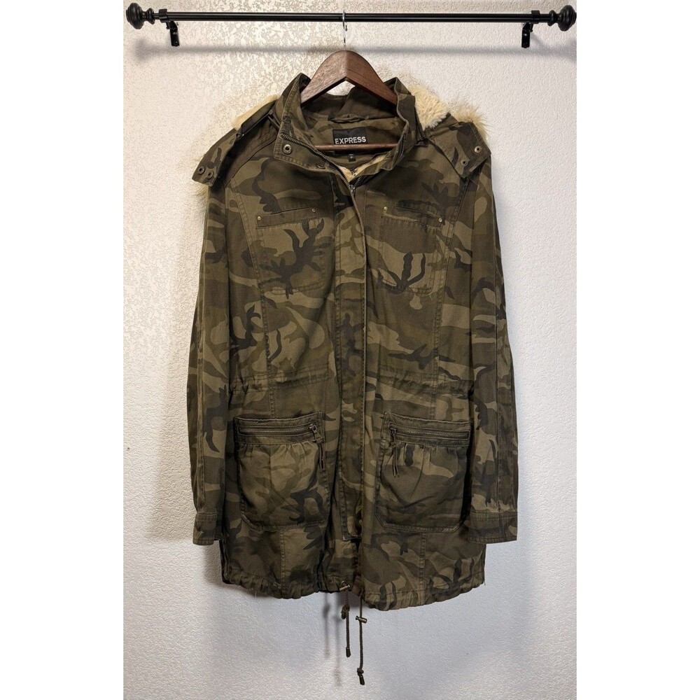 Express Womens L Camo Utility Parka Jacket Faux Fur Lined Hooded Olive Green